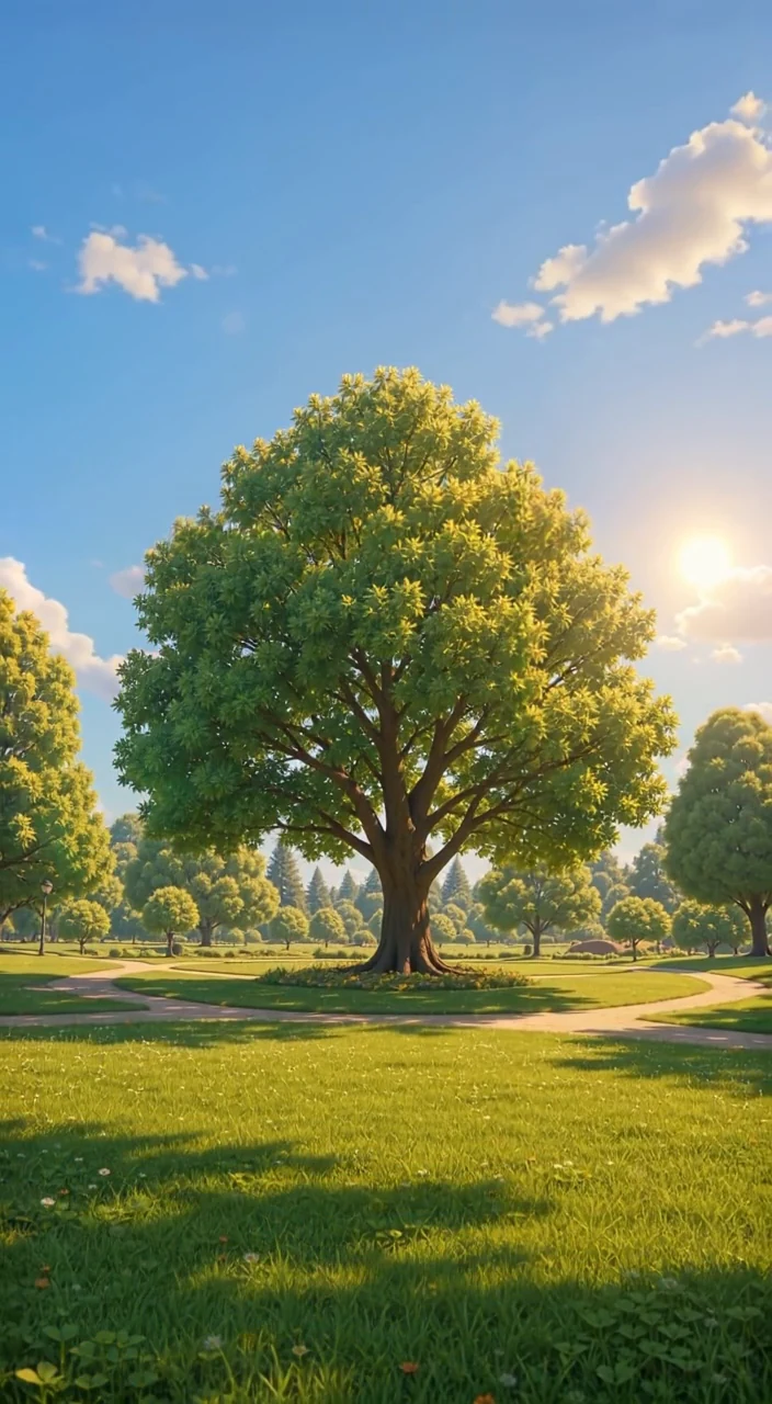Arbre feuillu dans un parc en lumière de fin de journée, extrait d’un clip UMPC généré avec LTX-2.5