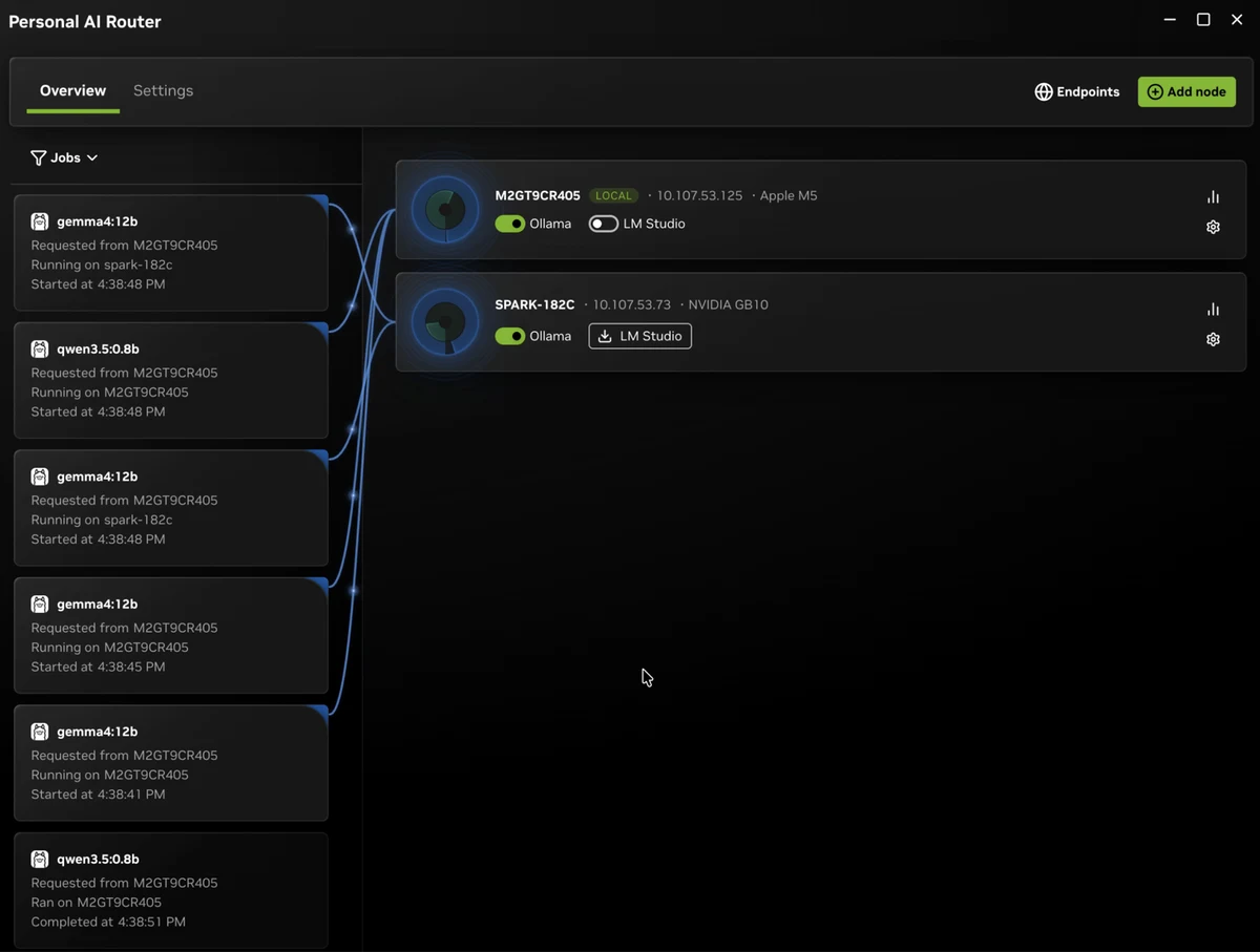 Capture officielle de NVIDIA PAIR : la vue Jobs affiche des requêtes exécutées sur deux machines, un Mac et un système NVIDIA GB10