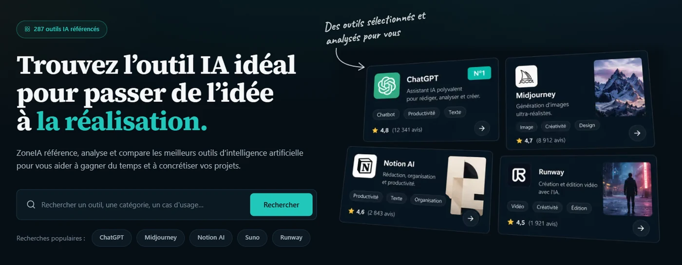Bandeau d'accueil de ZoneIA avec titre éditorial, recherche et sélection d'outils IA