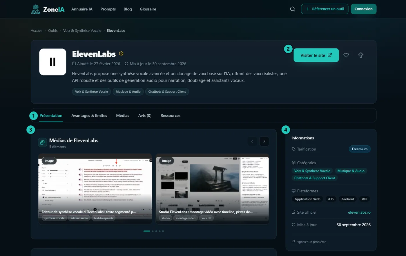 Fiche outil ElevenLabs avec navigation par sections et galerie de captures