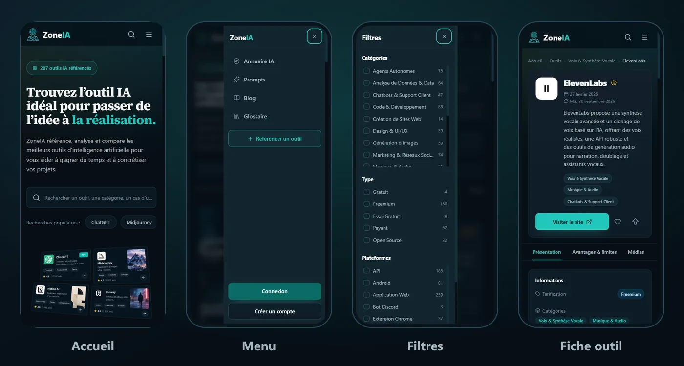 Interface mobile de ZoneIA : accueil, menu, filtres et fiche outil